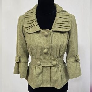 Anthropologie Tabitha women 4 pea green tweed cropped peplum coat preppy fairy